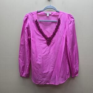 Banana Republic Silk-Cotton Blend V-Neck Beaded Blouse Top Pink Size Medium